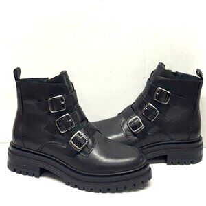 MIZ MOOZ LEATHER BUCKLE ANKLE BOOTS SIDE ZIP BLACK 37EU / 7US # Z-15